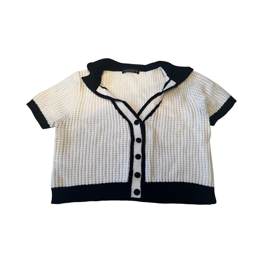 Emerson Lang Cream Black Waffle Knit Short‎ Sleeve Cropped Cardigan Top Large